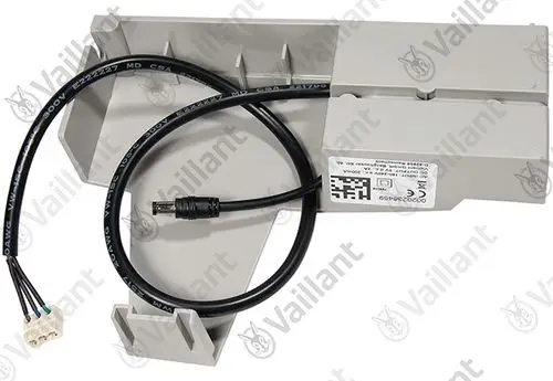 Vaillant Halter mit Netzteil und Kabel, montierbar, Zubehörteil für Heiz- oder Klimaanlagen, in neutraler grauer Farbe, umgeben von einem weißen Hintergrund.